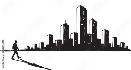 Silhouette of a man walking in front of city skyline