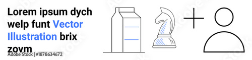 Marketing, strategy, decision-making, personal branding, consumer goods, communication. Simple line art a milk carton, a chess knight and a person outline. Marketing and strategy