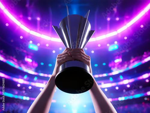 POV low angle view of a hand holding a gold champion trophy high in a futuristic stadium with golden confetti falling and vibrant purple neon lights, representing ultimate victory and championship suc