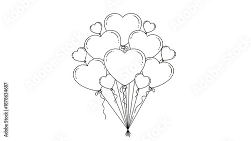 A cluster of heart-shaped balloons floating in the air, tied together with strings, viewed from a straightforward angle