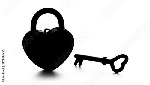 A heart-shaped padlock and a key lying on a clean white surface, viewed from directly above.