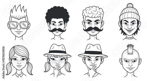A collection of diverse cartoon character faces featuring various hairstyles and expressions in black and white line art style, ideal for graphic design projects