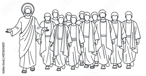 A depiction of Jesus Christ leading a group of twelve disciples in a clean outline vector style, suitable for religious education and faith-based projects