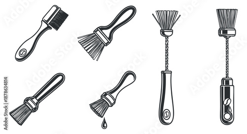 A collection of various brushes including paintbrushes and grooming tools in black and white vector outline style, ideal for art and design projects