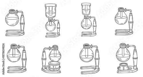 A set of six siphon coffee brewers in outline vector style, suitable for coffee-related designs and illustrations