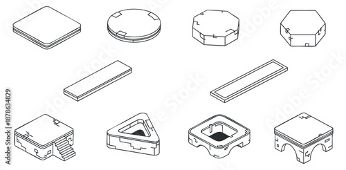 A collection of geometric shapes including squares, circles, and hexagons in minimalist outline vector style, suitable for graphic design projects