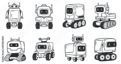 A collection of cute robot characters in a playful outline style, suitable for technology-themed projects and children's illustrations