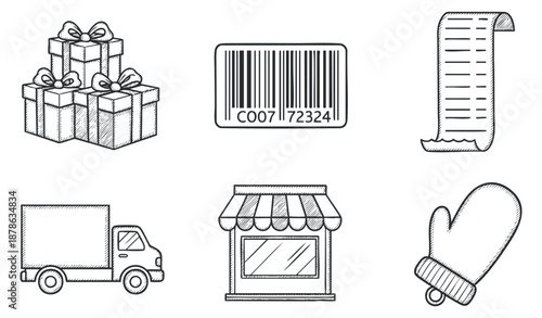 A collection of gift boxes, a barcode, a receipt, a delivery truck, a storefront, and a mitten in outline vector style, ideal for e-commerce and retail designs