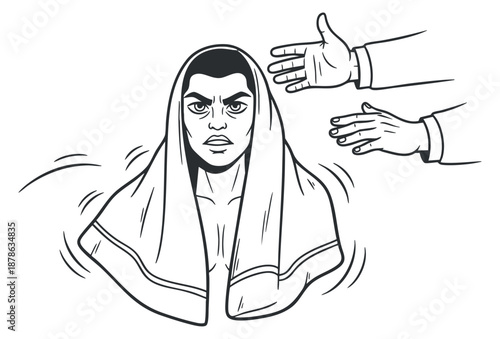 A person with a towel draped over their shoulders showing a shocked expression in black and white outline vector style, suitable for sports or performance themes