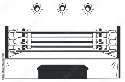 A boxing ring with ropes and spotlight in minimalist black and white vector style, ideal for sports event promotion