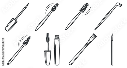 A set of beauty and grooming tools including toothbrushes and mascara wands in black and white outline vector style, suitable for cosmetic product designs
