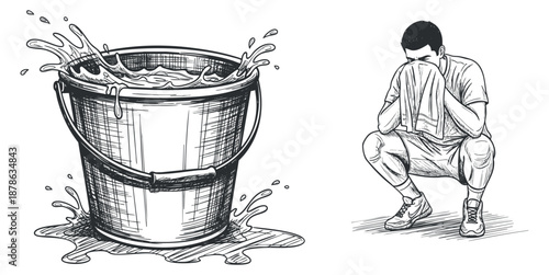 A sketch of a bucket with splashing water alongside a man sitting and wiping his face in black and white outline style, ideal for wellness and fitness themes