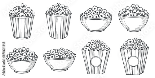 A collection of popcorn illustrations featuring various bowls and buckets in black and white outline vector style, perfect for food-related designs and cinema themes