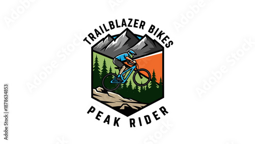 A vibrant logo for Trailblazer Bikes Peak Rider, featuring a mountain biker descending a trail with pine trees and mountains under an orange sky.
