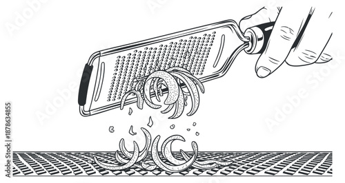 A hand using a grater to shred vegetables in black and white line art vector style, ideal for culinary illustrations