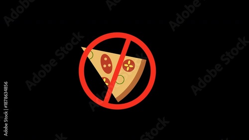 No Pizza Diet Restriction Symbol Animation on Black Background