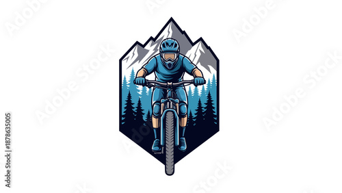 Mountain biker in full gear riding downhill through a forest with snow-capped mountains in the background, depicted in a hexagonal graphic.