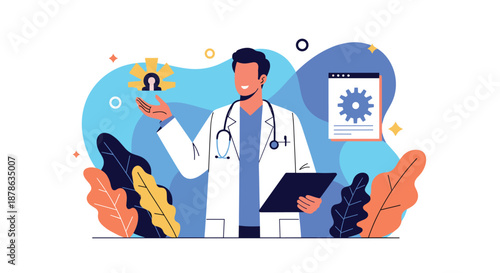Male physician in a lab coat holds a clipboard and points to medical icons while presenting healthcare information to a patient.