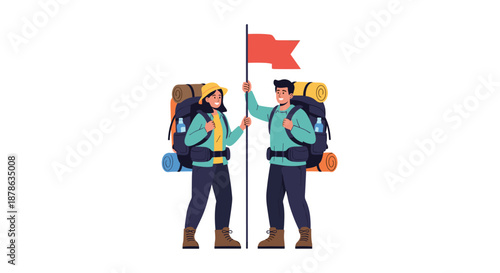 Adventurous couple wearing backpacks stands together and holds a flag after reaching the summit of a mountain peak during a hike.