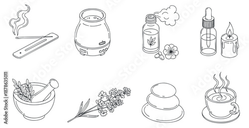 A collection of aromatherapy elements including candles, essential oils, and herbs in minimalist outline vector style, ideal for wellness and spa branding