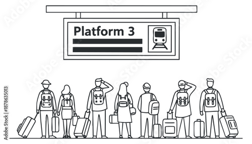 A group of diverse passengers waiting at a train platform with luggage in minimalist black and white outline vector style, suitable for travel-related projects