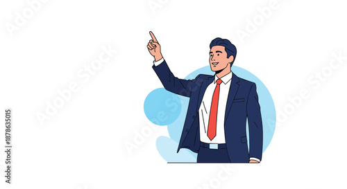 Successful businessman in a professional dark suit points his finger upward as he presents a new idea or points toward a goal.