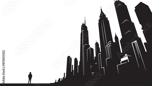 Silhouette of a person in a cityscape at dusk