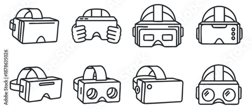 A collection of various virtual reality headsets and goggles in minimalist flat outline vector style, suitable for technology-themed projects
