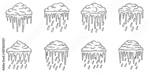 A collection of nine cute cloud and rain illustrations in outline vector style, suitable for weather-themed designs