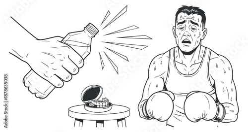 A boxer with gloves looking exhausted and rehydrating with a water bottle in black and white outline vector style, suitable for fitness and health illustrations