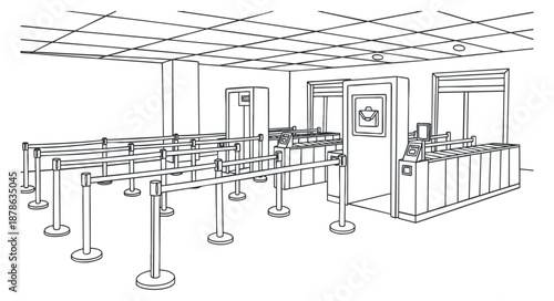 A minimalist outline illustration of a service counter and waiting area with queue barriers in a modern office space