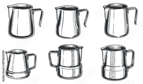 A collection of six hand-drawn kitchen pitchers in black and white outline vector style, ideal for culinary design projects