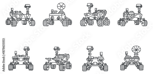 A collection of robotic rover illustrations in black and white outline vector style, suitable for technology and space exploration projects