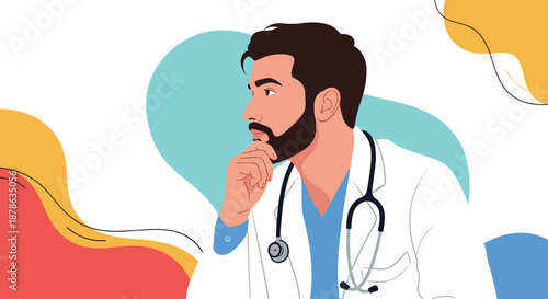 Thoughtful male doctor in a white lab coat rests his hand on his chin while considering a complex medical diagnosis or treatment.