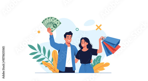 Excited couple celebrates their shopping success by holding several bags and a large fan of money with joy and excitement.