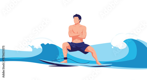 Athletic male surfer rides a large blue ocean wave with confidence and skill during a summer vacation on the coast.