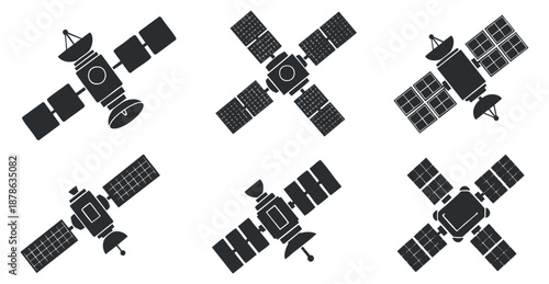 A collection of satellite icons in black vector style, ideal for technology and space-related designs