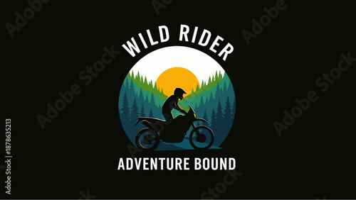 Silhouette of a motorcycle rider on an adventure trip through a forest with a sunset.