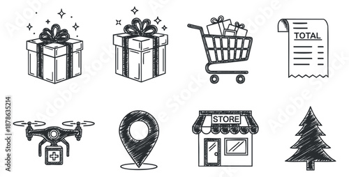 A set of festive gift boxes, shopping cart, drone, location marker, and store icon in black and white outline vector style, perfect for e-commerce and retail projects