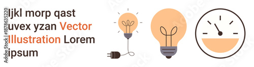 Energy conservation, innovation, creativity, sustainability, minimalism, efficiency. Illustration shows lightbulbs and a gauge with text. Energy conservation and innovation
