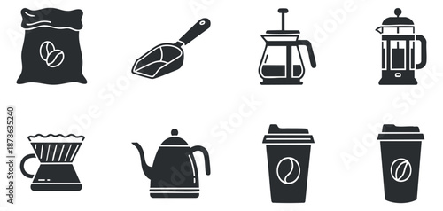 A set of coffee-related icons including a sack of beans, scoop, french press, and cups in minimalist black and white vector style, ideal for coffee shop branding and packaging