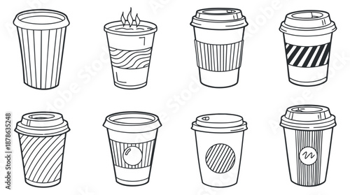 A collection of eight coffee cups in minimalist black and white line art style, ideal for cafe branding and menu design