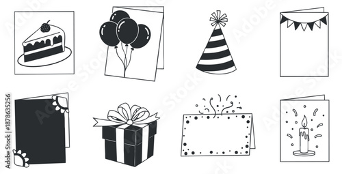 A collection of birthday celebration icons including cake, balloons, party hats, and gifts in black and white outline vector style, suitable for event planning and invitations