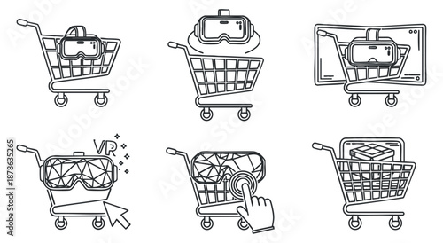 A set of virtual reality shopping icons featuring VR headsets and carts in minimalist line art style, suitable for technology and ecommerce applications