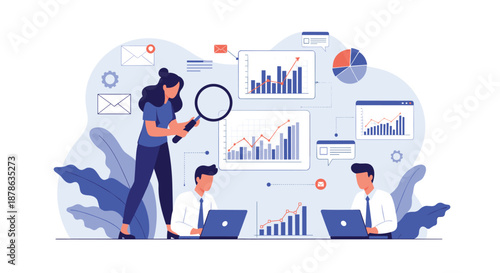 Team of business analysts works together using laptops and a large magnifying glass to search for deep insights in data charts.