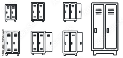 A collection of various locker designs in minimalist outline vector style, ideal for educational and organizational contexts