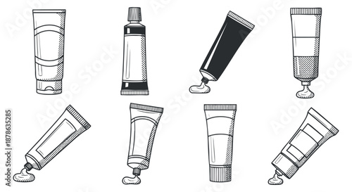 A collection of various cosmetic tubes in black and white outline vector style, ideal for product packaging design