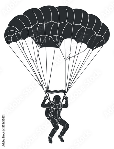 A skydiver descending with a parachute in black and white line art vector style, ideal for adventure and sports themes