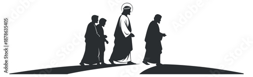 A silhouette illustration of figures walking on a path, featuring a central religious leader in minimalist vector style, suitable for spiritual and faith-based themes