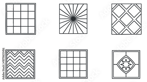 A collection of geometric patterns in black and white outline vector style, suitable for modern design projects and backgrounds